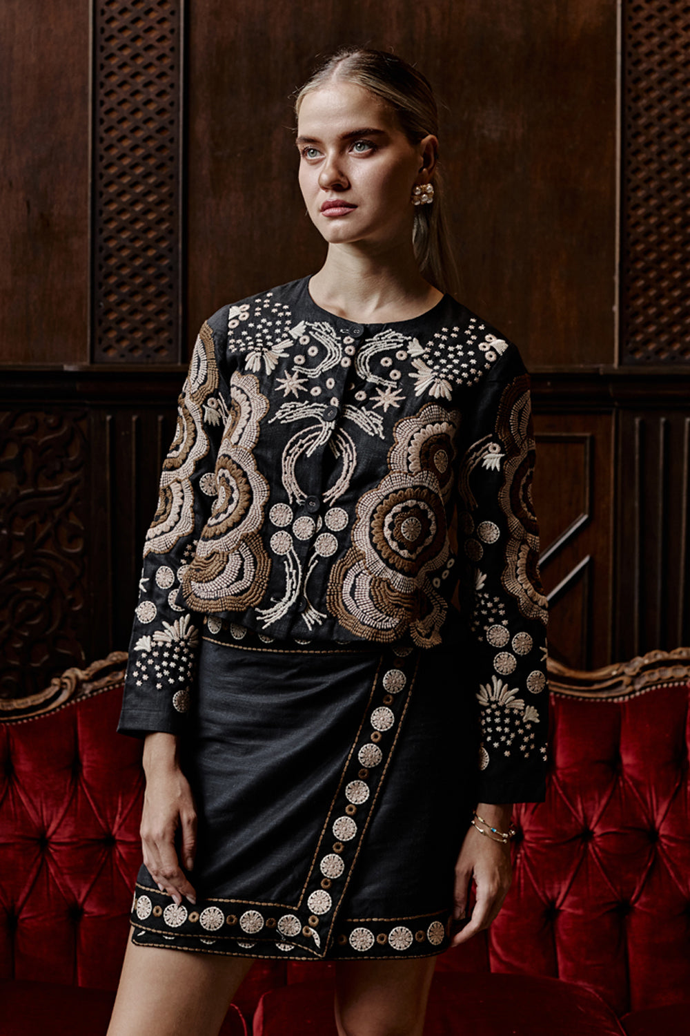 The Katerina Embroidered Jacket With a Wrap Skirt Set Boho Chic By Sukriti Jain