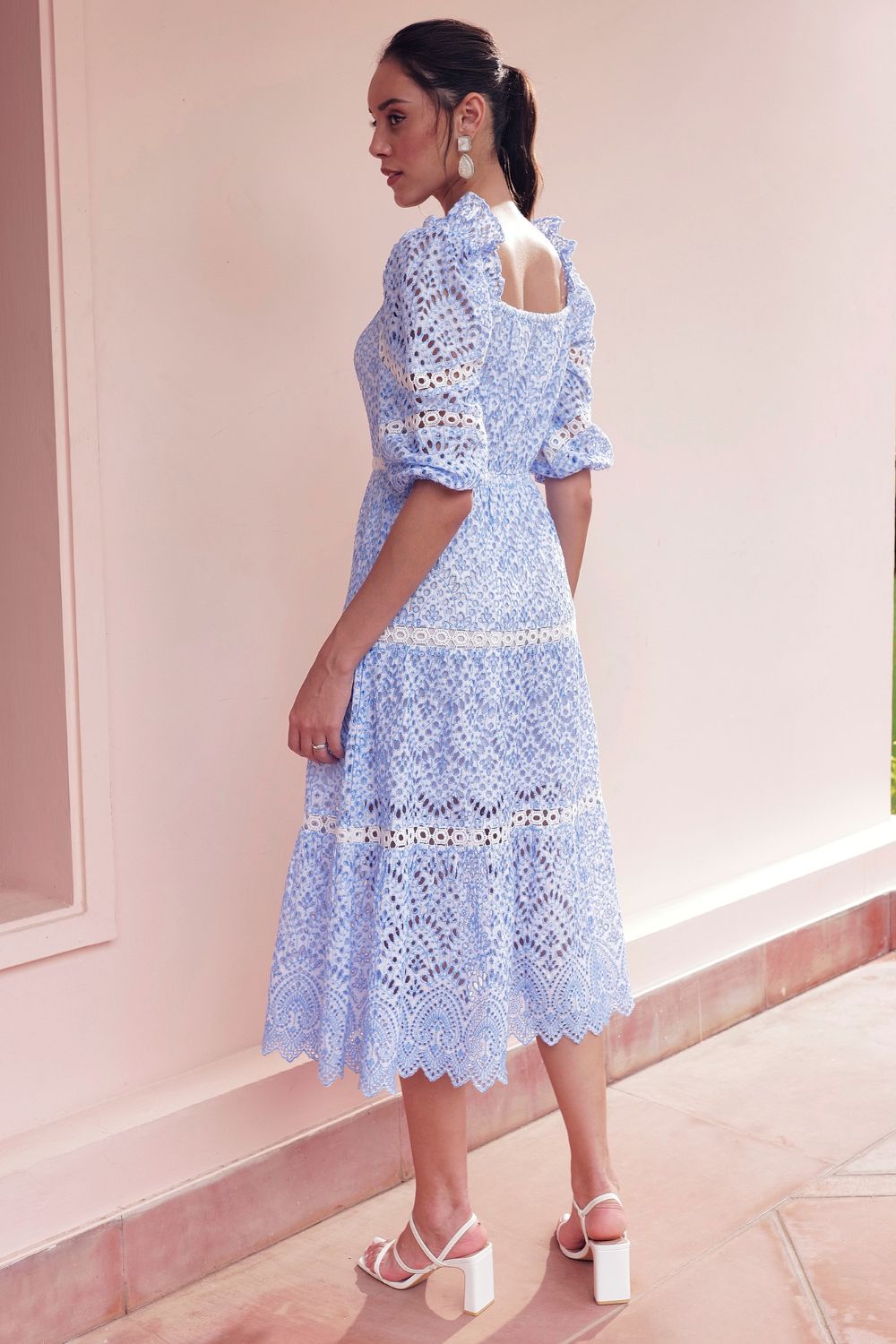 Pastel Hue Intricate Detailed Broderie Anglaise Dress