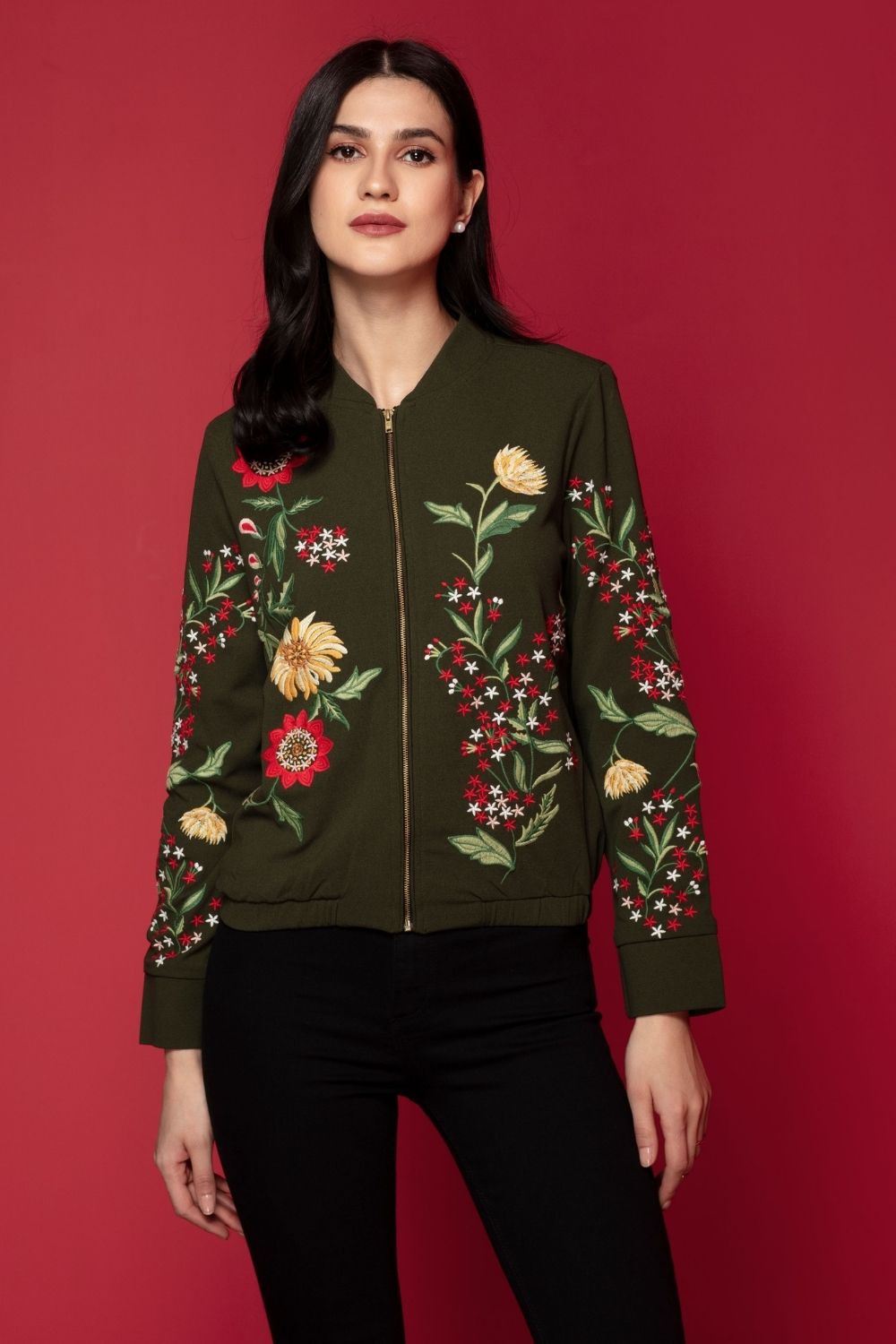 Floral embroidery 2025 bomber jacket