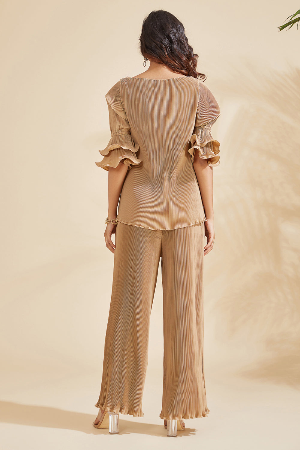ruffle detail top and pleated trouser set